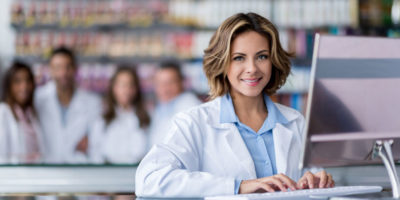 Woman doctor behind computer taking prescription order.