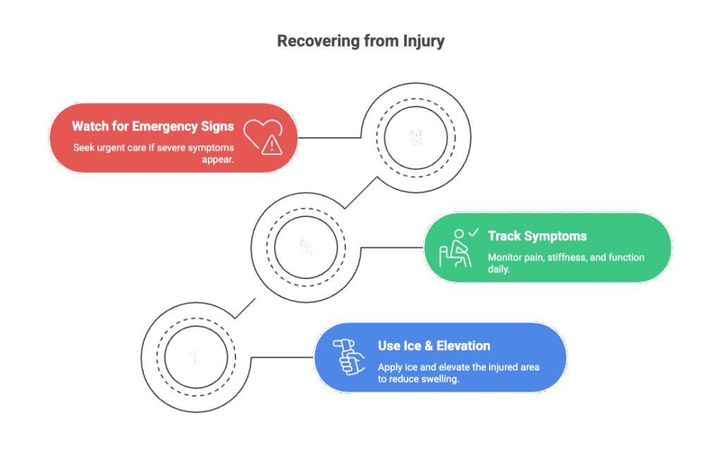 Use ice and elevation as instructed, and avoid NSAIDs unless your clinician approves; they may blunt the intended inflammatory response.

Start Symptom Tracking daily: pain level, stiffness, bruising, and function, plus any changes in sleep or energy.

Watch for Emergency Signs: rapidly expanding swelling, fever, drainage, severe redness, chest pain, shortness of breath, or fainting—seek urgent care.