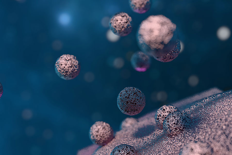 Digital illustration of multiple spherical particles or cells floating in a blue environment, with a textured surface below them, evoking a microscopic scene related to hair thinning or PRP Hair Restoration research.