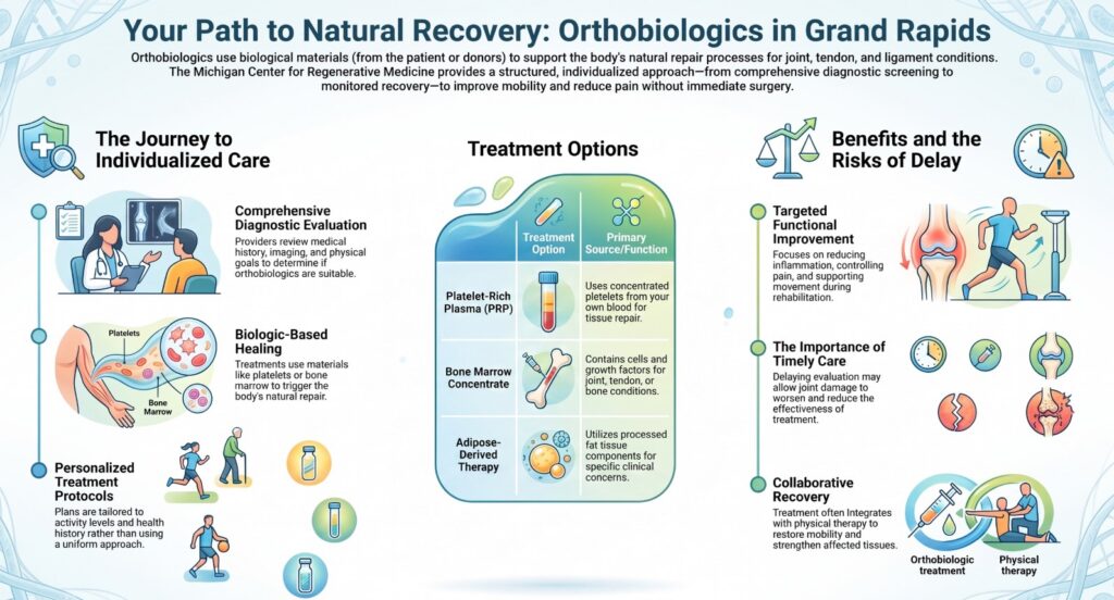 Infographic explaining Orthobiologics Treatment for joint recovery in Grand Rapids, showing personalized care, diagnostic steps, biologic-based healing, treatment options like PRP and bone marrow, and the benefits of timely intervention versus the risks of delayed care.