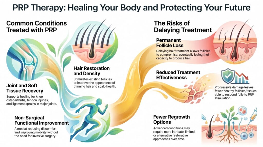Infographic about PRP Treatment in Grand Rapids MI, showing benefits like joint healing and hair restoration, along with risks of delaying treatment, such as permanent follicle loss and reduced effectiveness, using illustrative icons and concise text sections.