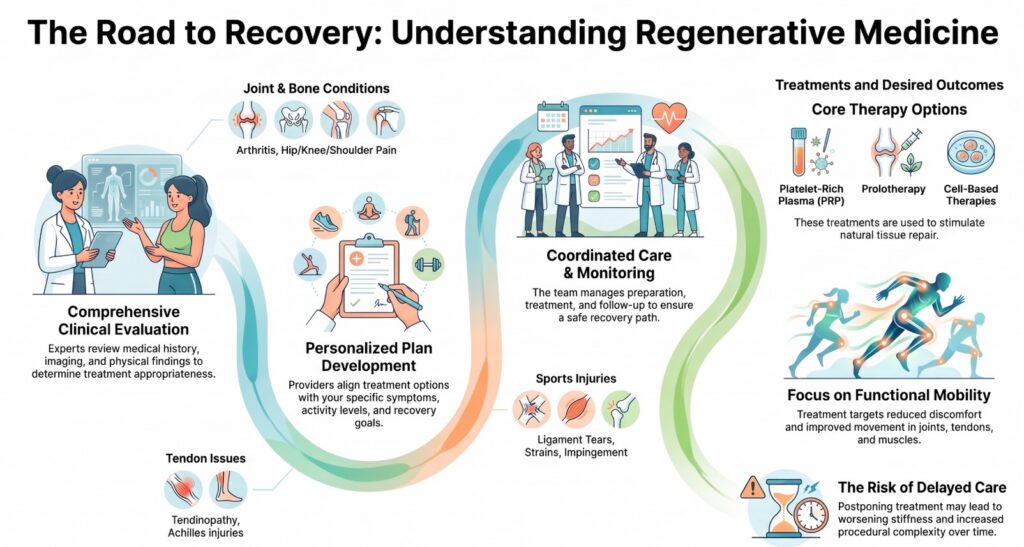 Infographic on regenerative medicine in Grand Rapids, MI, showing evaluation, personalized plans, treatments like PRP and cell therapy, coordinated care, mobility focus, sports injuries, joint/bone/tendon issues, and delayed care risks. Colorful icons illustrate each step in the regenerative medicine journey.