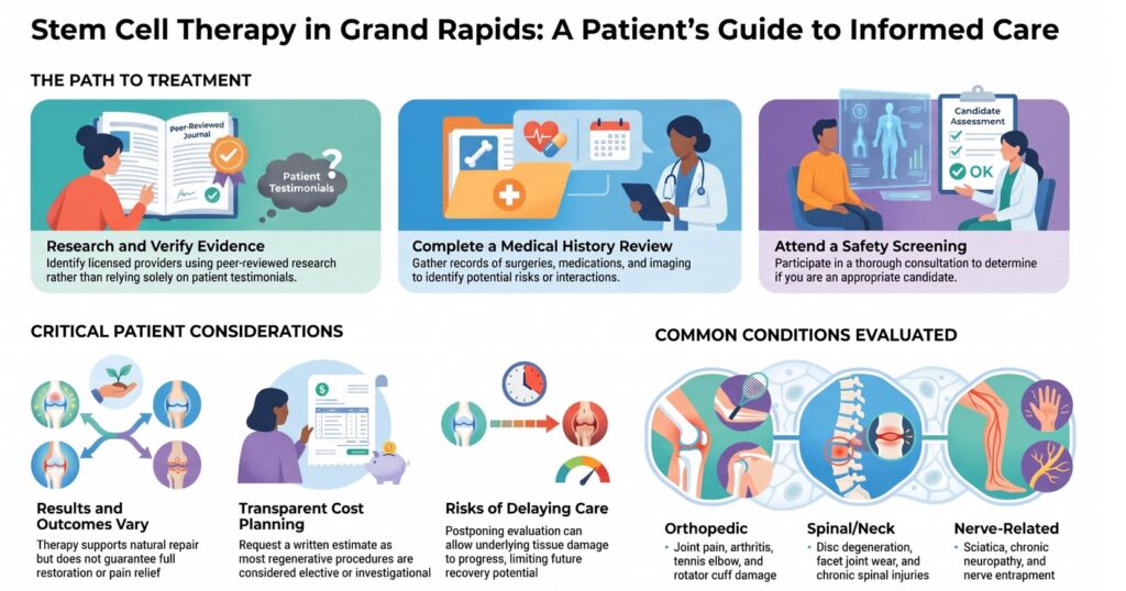 An infographic outlines steps for Stem Cell Therapy in Grand Rapids, MI, explains risks, costs, and reviews, and lists orthopedic, spinal, and nerve-related conditions evaluated.