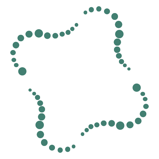 A circular pattern made of green and white dots arranged in intertwining, spiral-like loops on a light gray background.