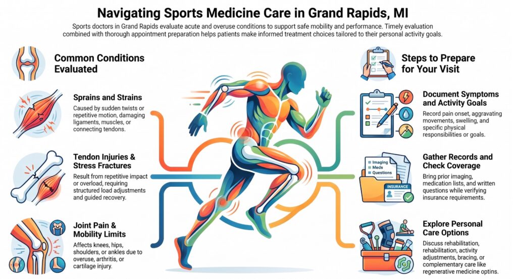 Infographic titled Navigating Sports Medicine Care in Grand Rapids, MI, detailing common conditions evaluated by sports doctors and steps for patient visit preparation, centered around a stylized illustration of a running human figure.