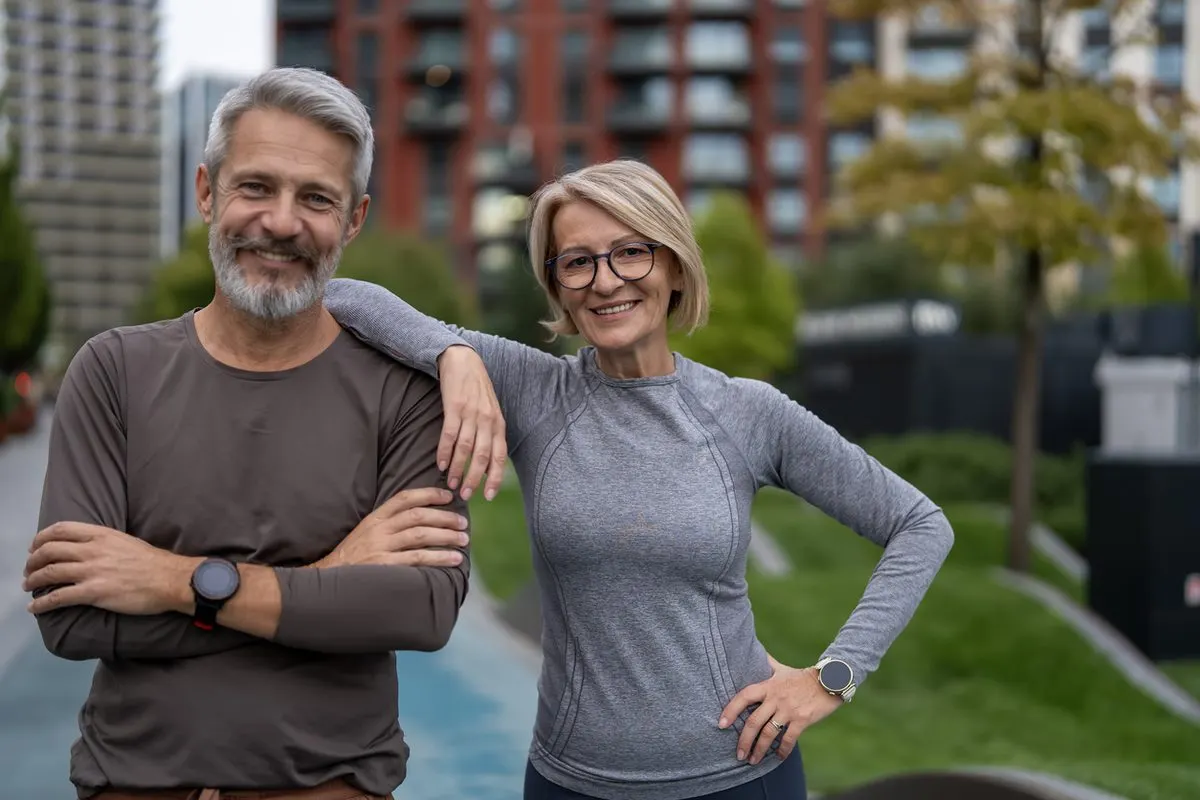 A smiling middle-aged man and woman in athletic wear standing outdoors with their arms resting on each other.