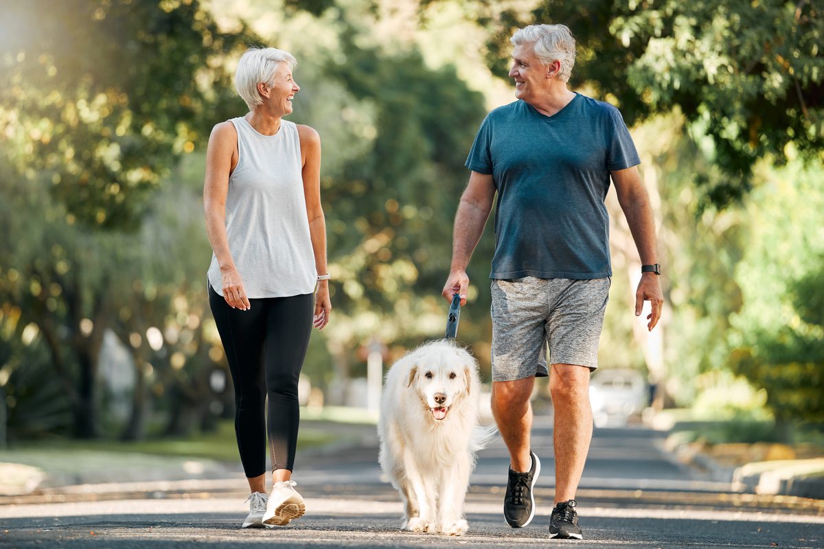 Couple walking their golden retriever in the park