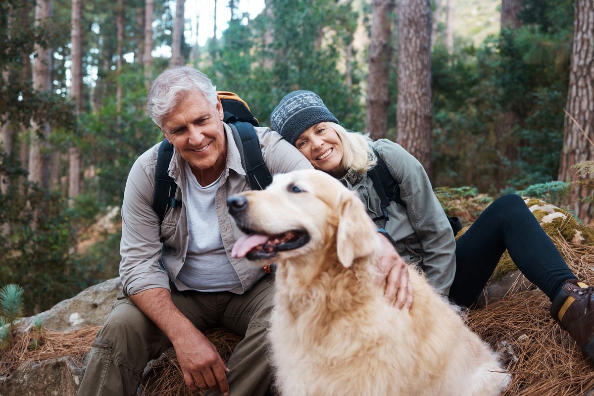 Older couple hiking a forest trail with their golden retriever