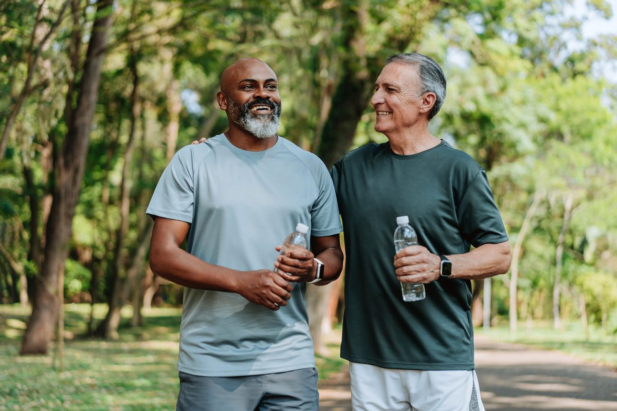 Two men resting after a walk
