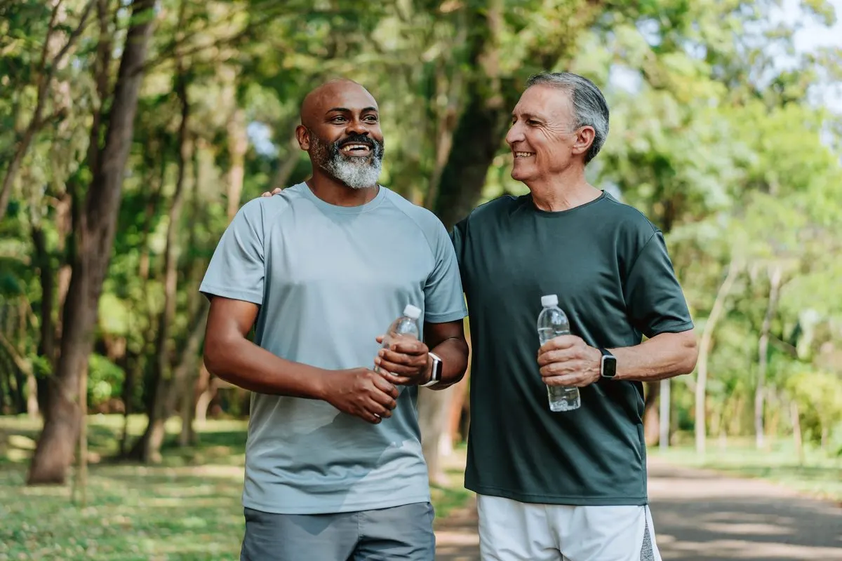 Two men resting after a walk