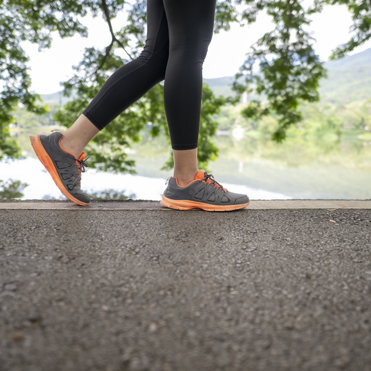 Close-up of a walker’s feet on a lakeside path